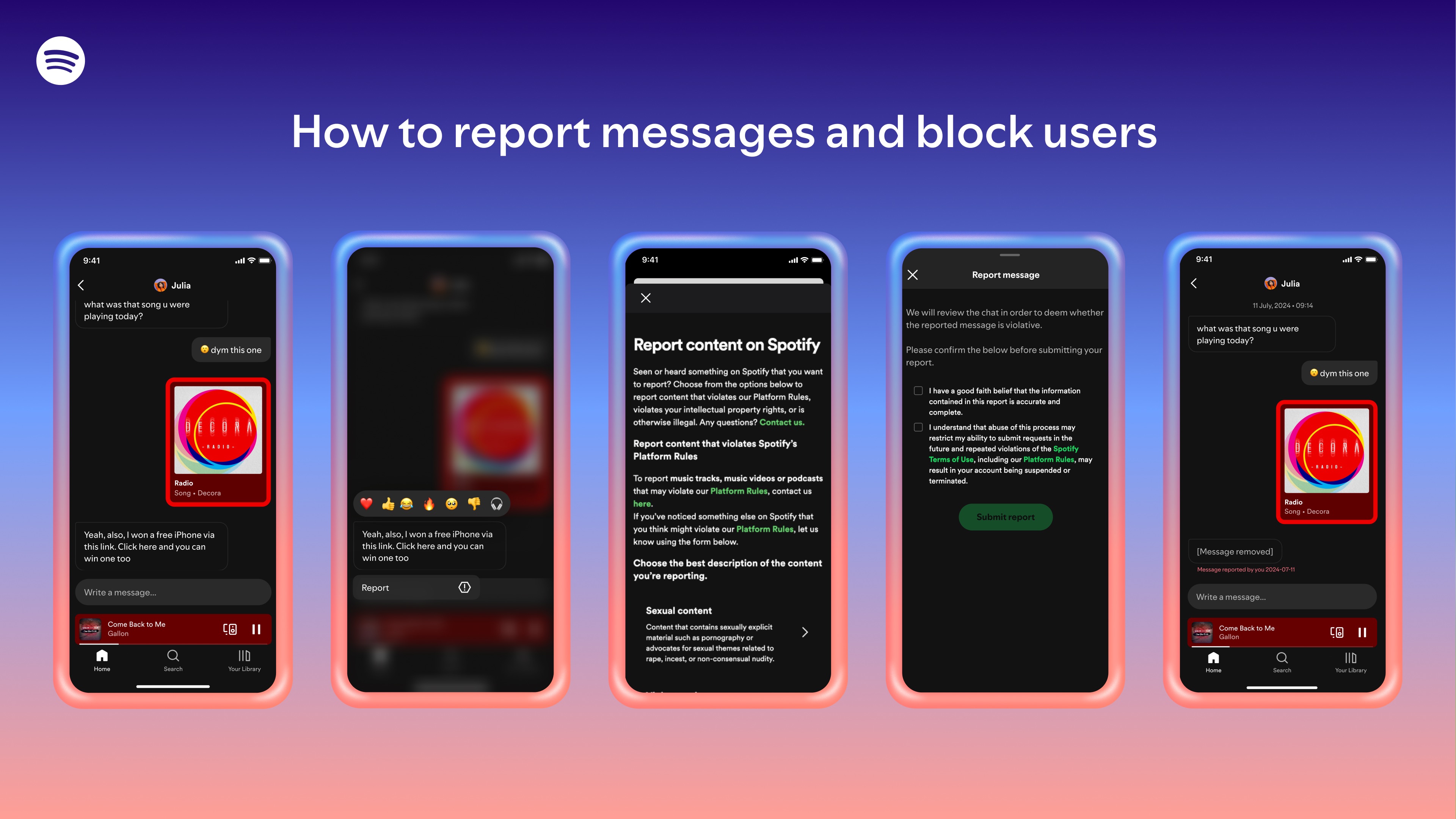 a series of screenshots showing how users can report messages that they  received on Spotify
