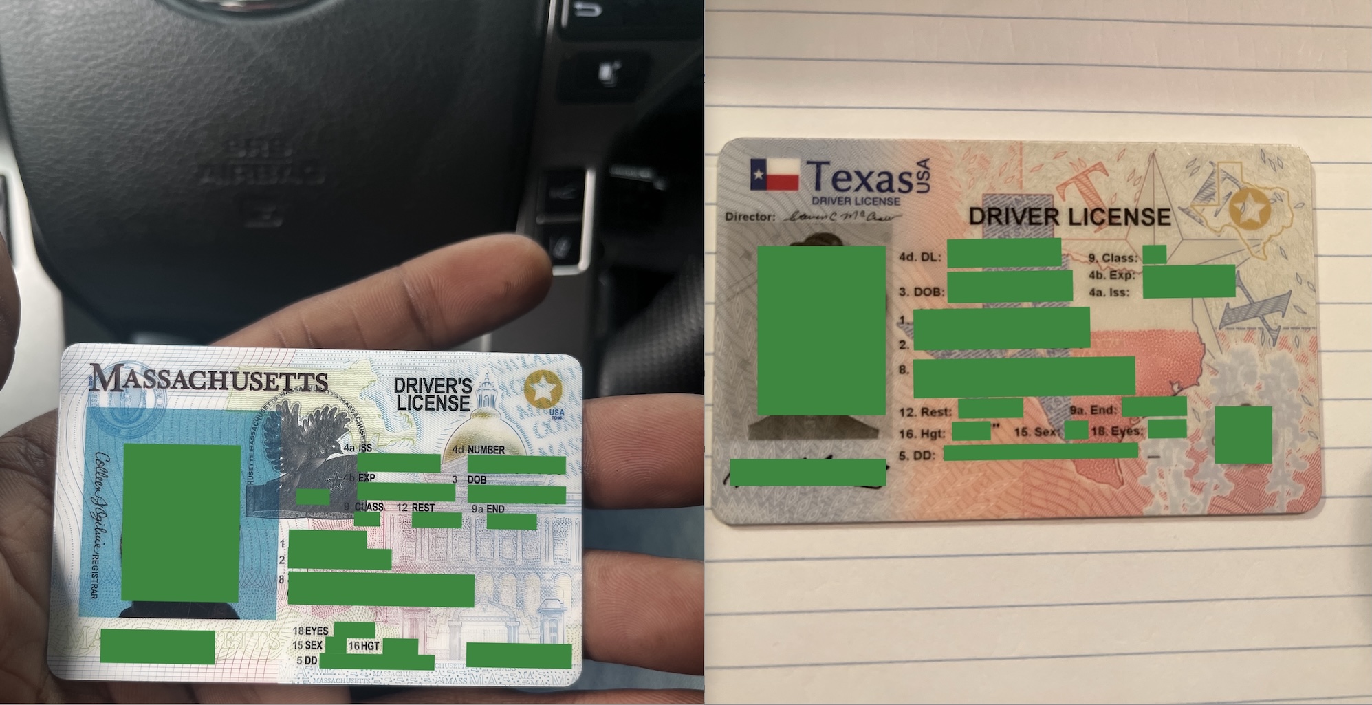 Two driver's licenses, one from Texas and the other from Massachusetts, redacted by TechCrunch, which were exposed by the TeaOnHer app.